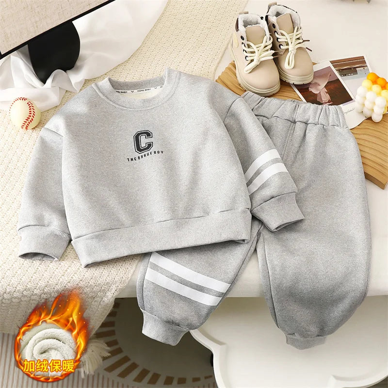 Mädchen plus Samt verdickten Anzug Jungen gepolsterte Sport Set Baby warme Sweatshirt Hose 2 Stück Winter neue Kinder gestreifte Outfit