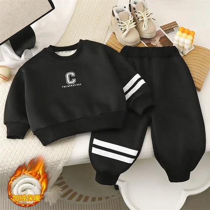 Mädchen plus Samt verdickten Anzug Jungen gepolsterte Sport Set Baby warme Sweatshirt Hose 2 Stück Winter neue Kinder gestreifte Outfit