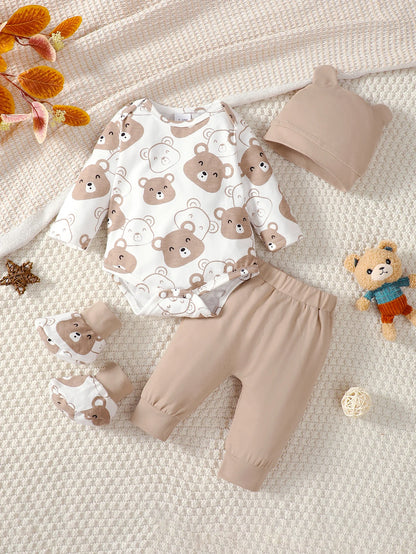 Baby Bär Set  - Mütze, socken, Body & Hose Braun/Weiß