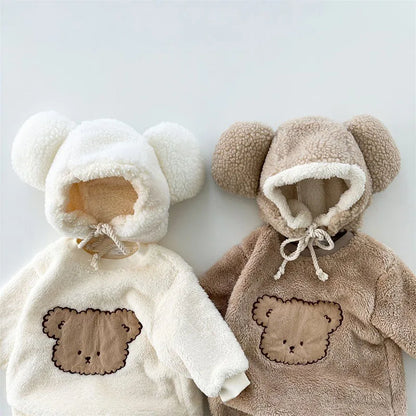 Koreanische Version des Plüsch overalls für Jungen und Mädchen im Herbst und Winter, kriechende Kleidung, Outdoor-Kleidung, abnehmbarer Hut