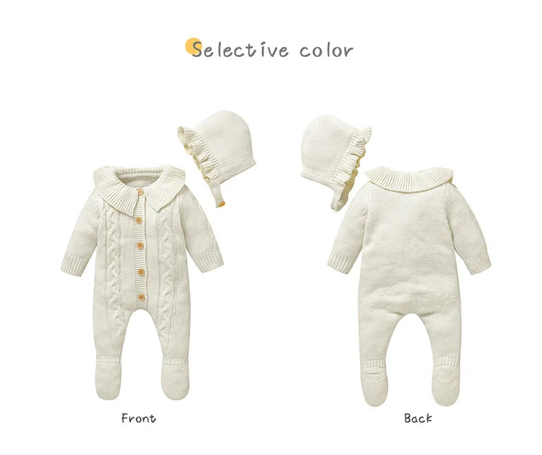 Neugeborenen Baby Strampler Gestrickte Infant Junge Mädchen Overall Outfits Langarm Herbst Kind Kleidung Hut 2PCS 0-9M Overalls Fashion Solid