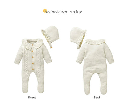 Neugeborenen Baby Strampler Gestrickte Infant Junge Mädchen Overall Outfits Langarm Herbst Kind Kleidung Hut 2PCS 0-9M Overalls Fashion Solid