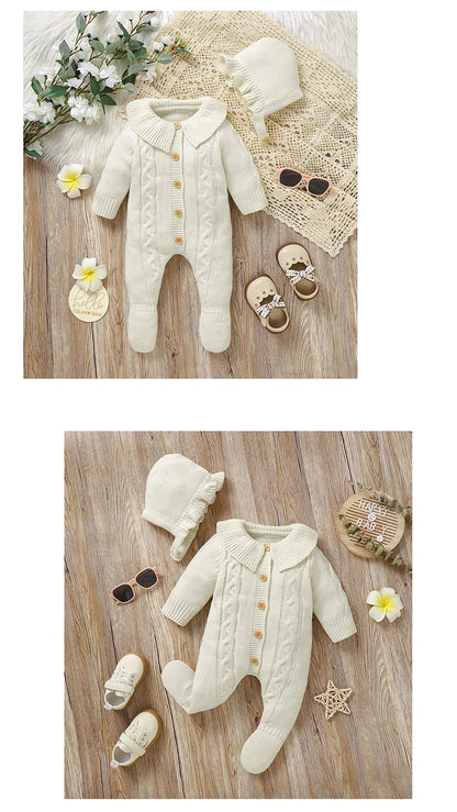 Neugeborenen Baby Strampler Gestrickte Infant Junge Mädchen Overall Outfits Langarm Herbst Kind Kleidung Hut 2PCS 0-9M Overalls Fashion Solid