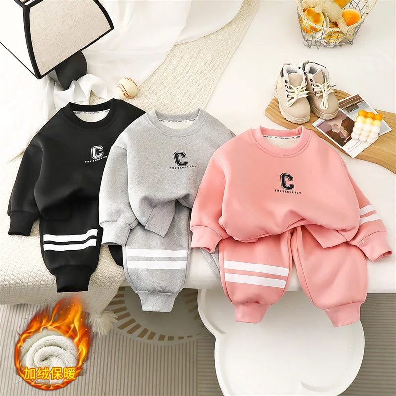 Mädchen plus Samt verdickten Anzug Jungen gepolsterte Sport Set Baby warme Sweatshirt Hose 2 Stück Winter neue Kinder gestreifte Outfit