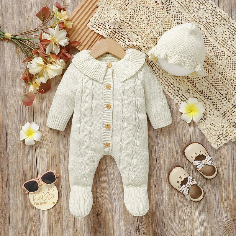 Neugeborenen Baby Strampler Gestrickte Infant Junge Mädchen Overall Outfits Langarm Herbst Kind Kleidung Hut 2PCS 0-9M Overalls Fashion Solid