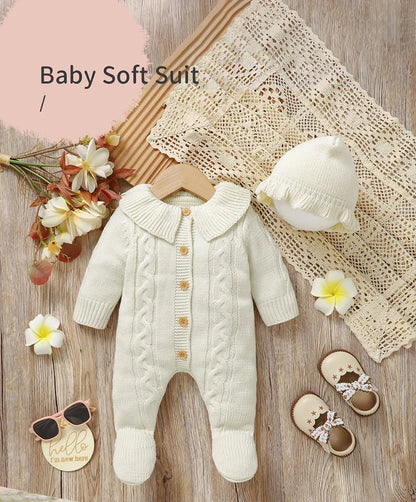 Neugeborenen Baby Strampler Gestrickte Infant Junge Mädchen Overall Outfits Langarm Herbst Kind Kleidung Hut 2PCS 0-9M Overalls Fashion Solid