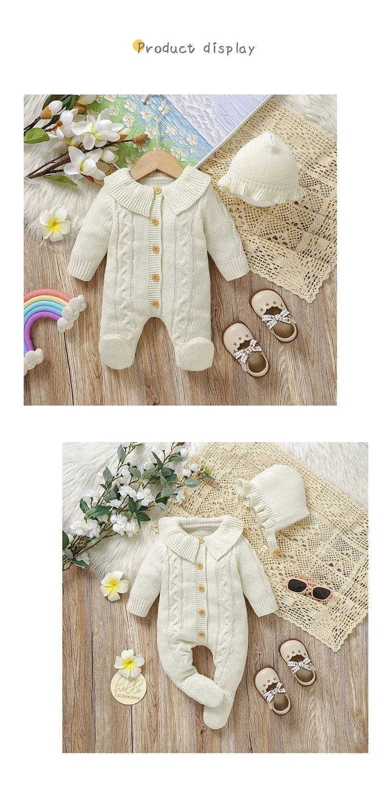 Neugeborenen Baby Strampler Gestrickte Infant Junge Mädchen Overall Outfits Langarm Herbst Kind Kleidung Hut 2PCS 0-9M Overalls Fashion Solid