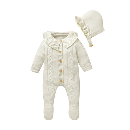 Neugeborenen Baby Strampler Gestrickte Infant Junge Mädchen Overall Outfits Langarm Herbst Kind Kleidung Hut 2PCS 0-9M Overalls Fashion Solid