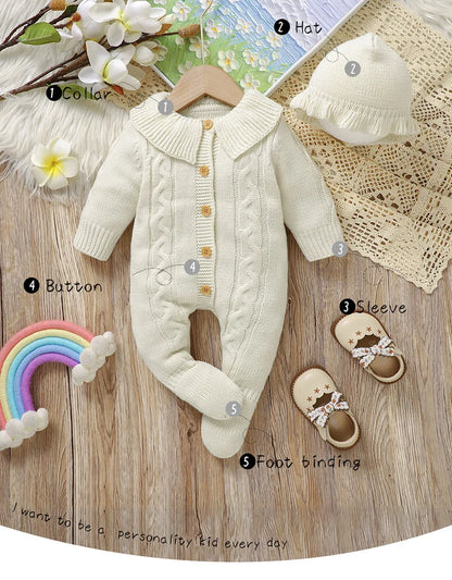 Neugeborenen Baby Strampler Gestrickte Infant Junge Mädchen Overall Outfits Langarm Herbst Kind Kleidung Hut 2PCS 0-9M Overalls Fashion Solid