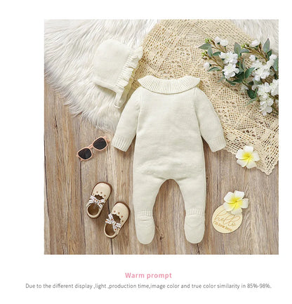 Neugeborenen Baby Strampler Gestrickte Infant Junge Mädchen Overall Outfits Langarm Herbst Kind Kleidung Hut 2PCS 0-9M Overalls Fashion Solid